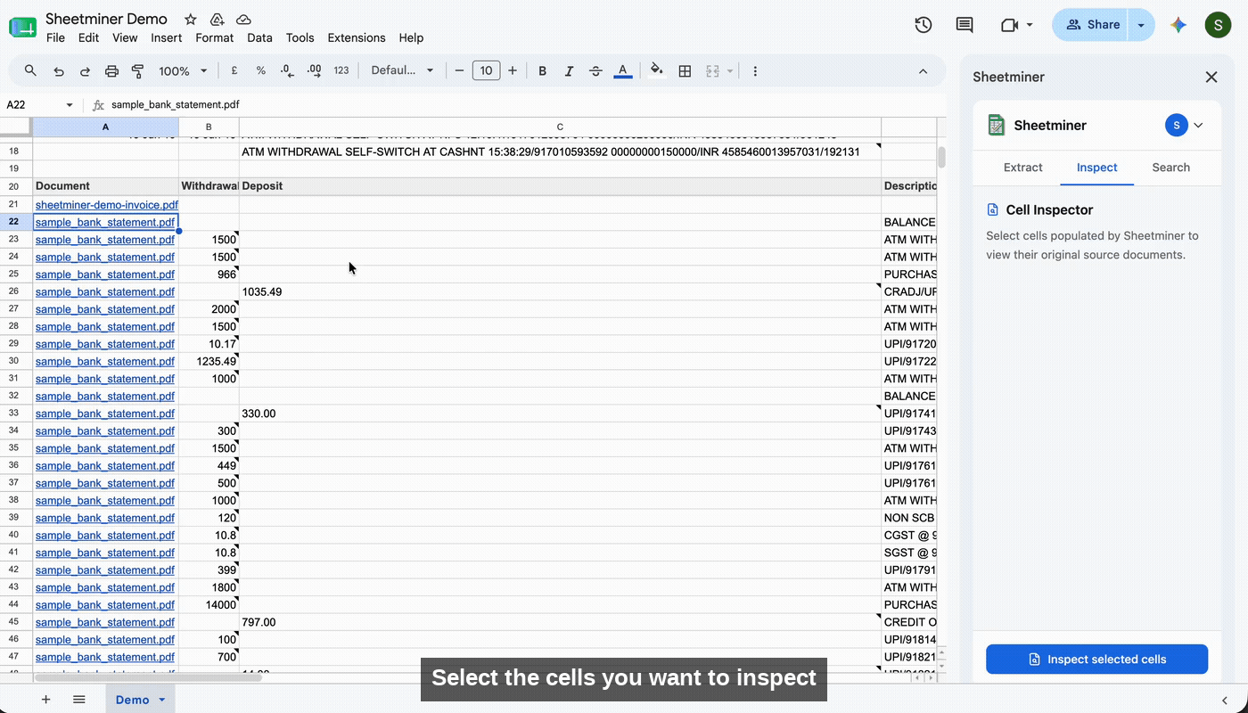 Clicking a populated cell and opening Inspect to see the original source document with the matching value highlighted