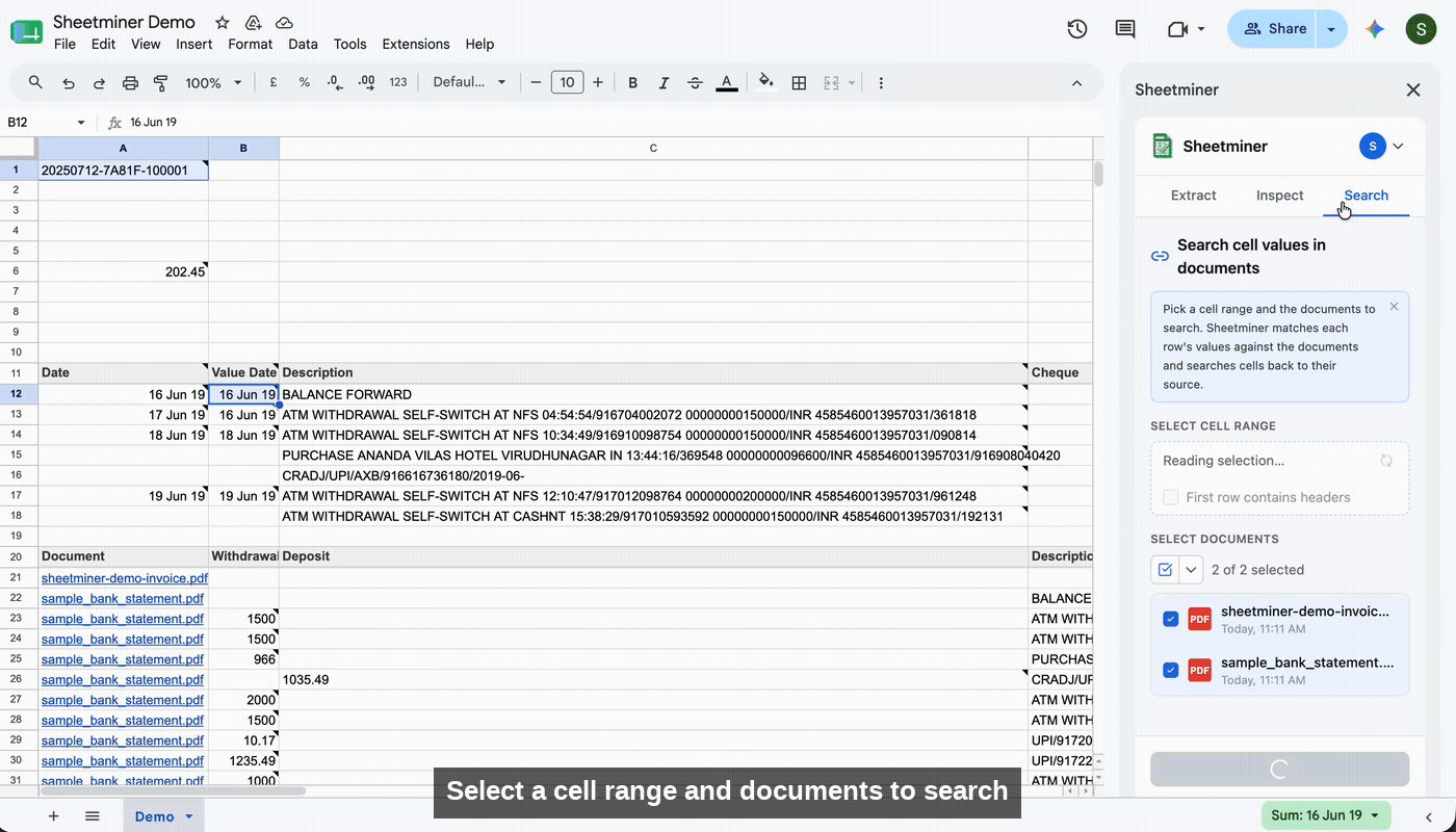 Searching a range of existing cell values against uploaded documents and confirming the matches found