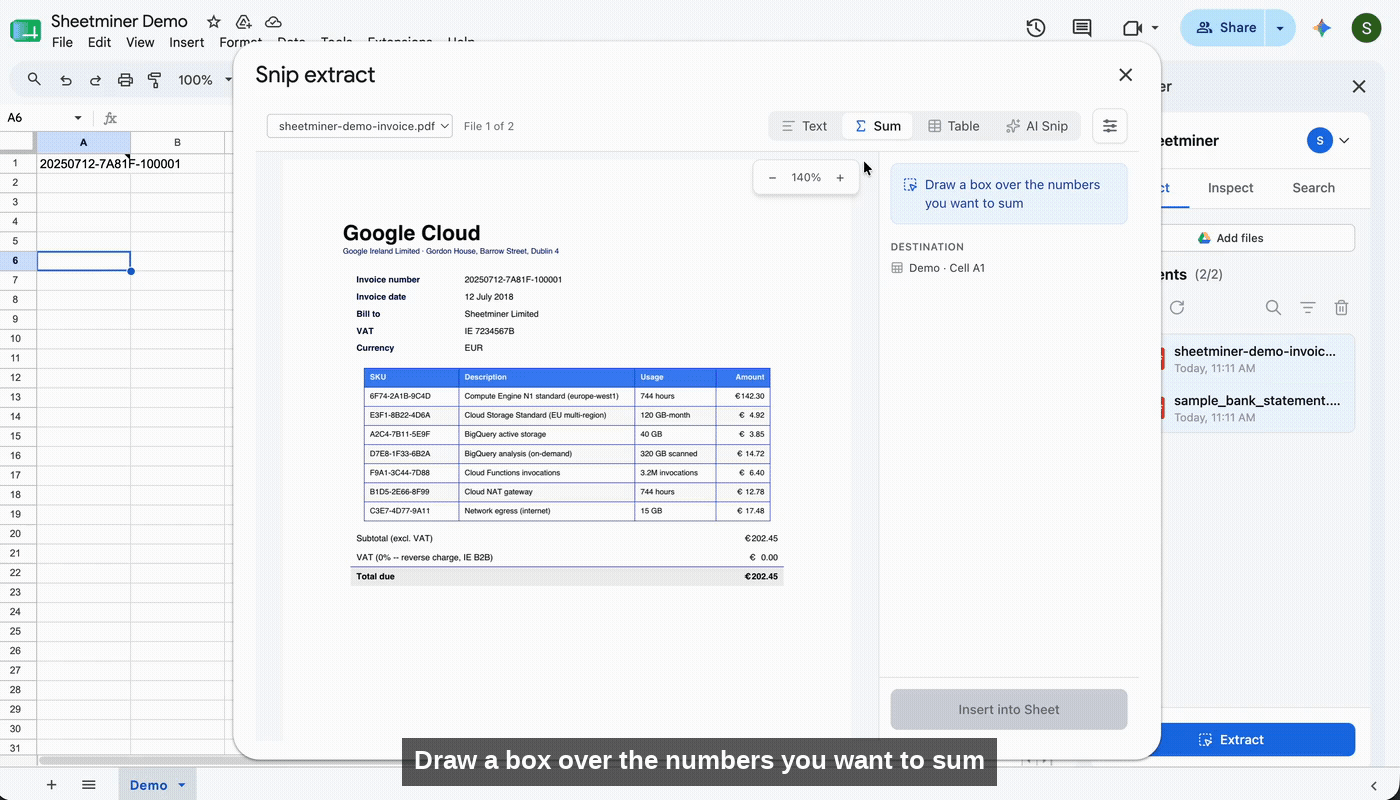 Drawing a box over a column of numbers on an invoice and inserting the total into a Google Sheets cell