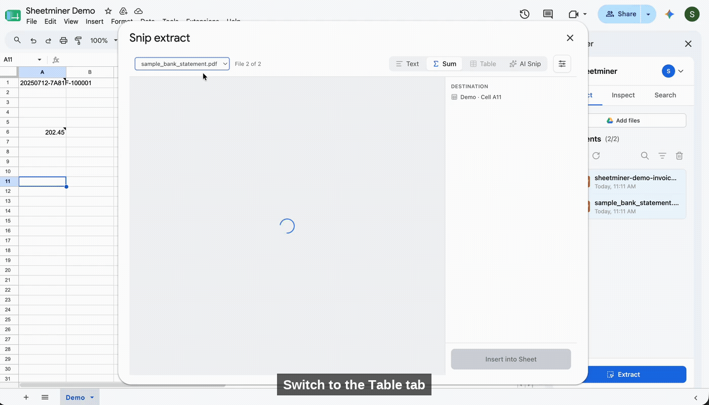 Drawing a box around a full bank statement table and inserting it into Google Sheets with rows and columns intact