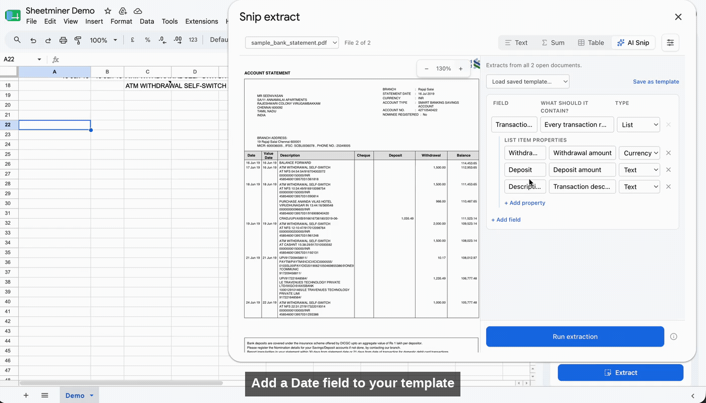 Defining template fields and running AI Snip extraction across multiple documents, with results populating the sheet